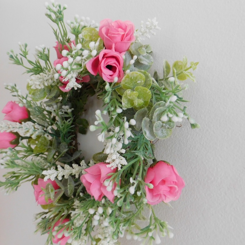 Dusty Miller Mini Wreath Eucalyptus Pink Roses Candle‎ Ring - Picture 3 of 7